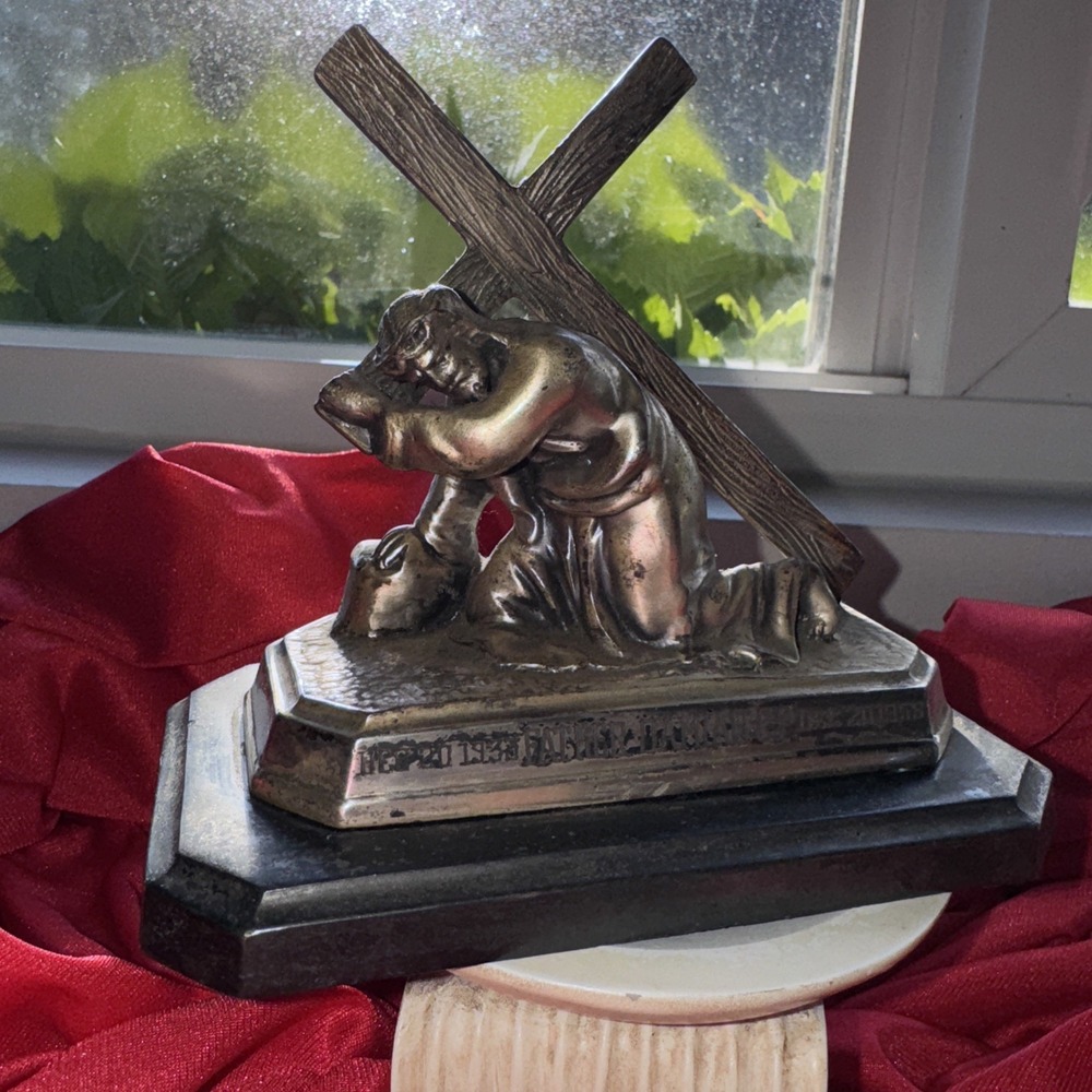 Vtg Goldscheider MI Germany Jesus Carrying Cross Inscribed For Father Damian